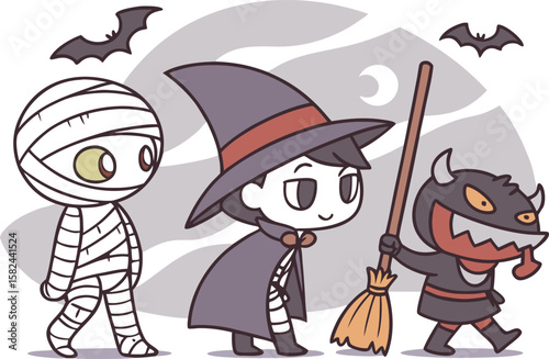 Cartoon halloween characters including a mummy witch and devil walking under bats and a crescent moon