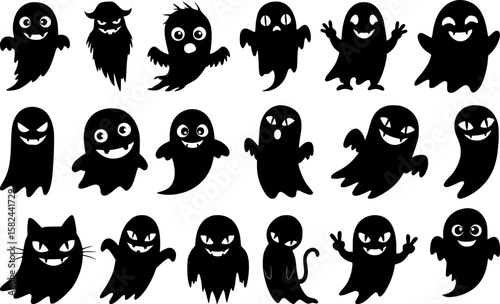 A large and diverse collection of black ghost silhouettes with various expressions including mischievous and cat like spirits perfect for halloween fun