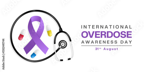 31 August is International Overdose Awareness Day. Ribbon, stethoscope and medicine. Perfect for posters, banners and social media. White background.
