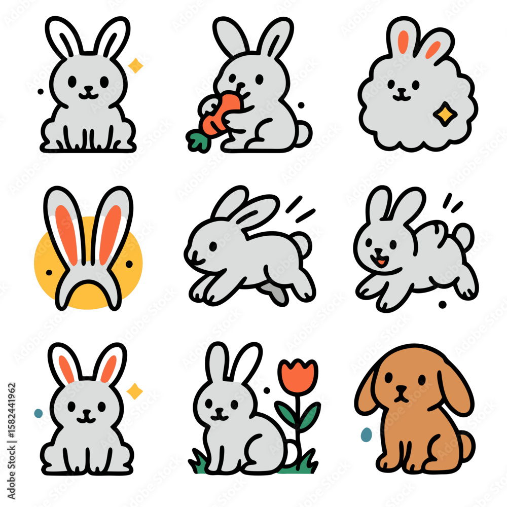 Obraz premium Bunny drawings with cute puppy, perfect for childrens books, Easter designs, animal themed products, and social media posts. Playful and endearing.