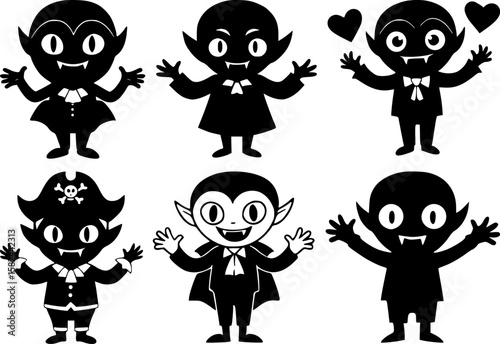 A charming set of cute cartoon black vampire character silhouettes with fangs and bat ears featuring various expressions for halloween fun