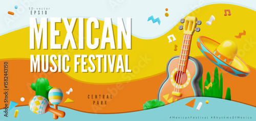 Mexican music festival 3D banner vector design, cartoon acoustic guitar, maracas and Sombrero hat, music instrument
