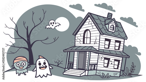 Cartoon haunted house scene with ghosts, mummy, moon, and bare tree under a cloudy sky in grayscale color palette