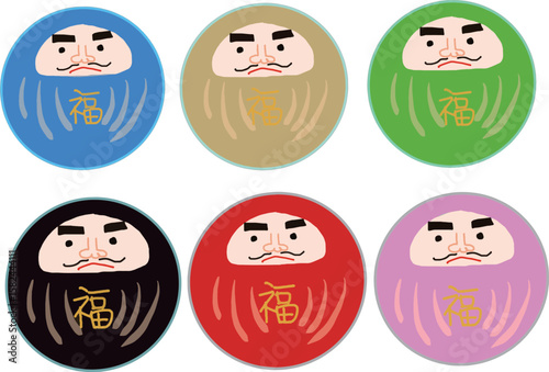 Set of illustrations of colorful daruma figurines for good luck