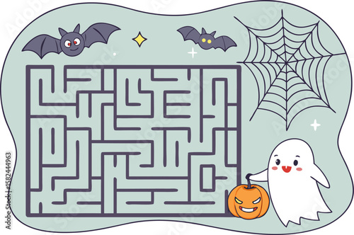 Halloween themed maze with a ghost holding a pumpkin, bats, and a spiderweb on a light blue background