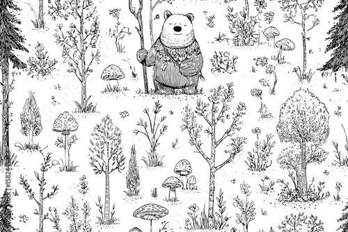 Seamless pattern with hand-drawn woodland scene featuring a cute forester bear with staff, surrounded by trees, mushrooms, and plants in charming black ink line art, crisp clean vector 
