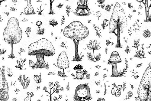 Seamless pattern with hand-drawn woodland scene featuring a cute forester bear with staff, surrounded by trees, mushrooms, and plants in charming black ink line art, crisp clean vector 