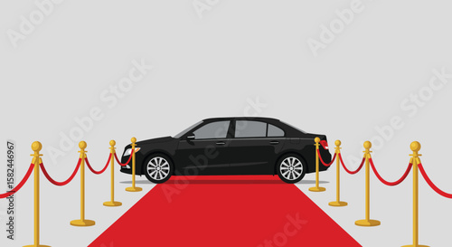 A black limousine is parked on a red carpet with golden stanchions and ropes, suggesting a vip event or premiere
