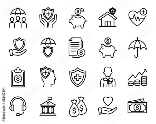 Insurance Vector Icon Set  Adjustable Line Weight  Protection, health, money, policy, umbrella, claim, savings, coverage, document, heart, home, shield, finance icons