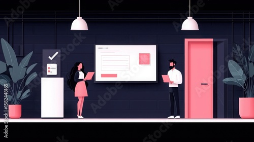 Professional Team Collaboration in Modern Office Space with Digital Presentation System