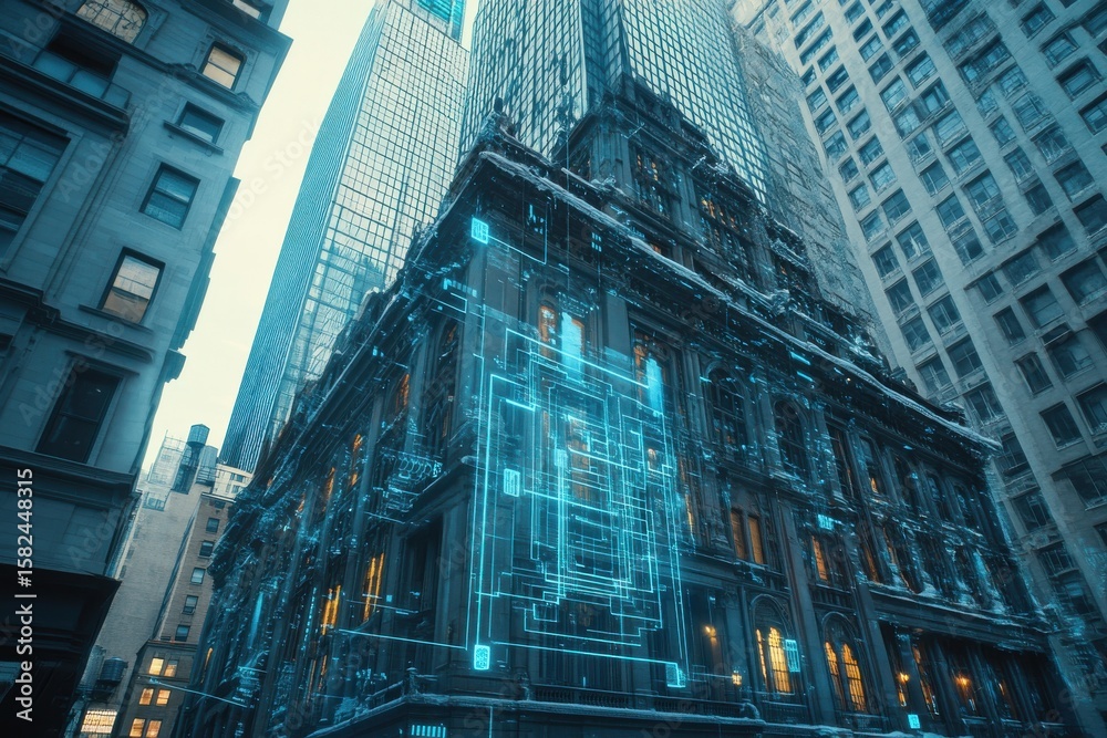 Fototapeta premium City skyline with a large building in the middle with a blue circle. New york city buildings cybersecurity hud hologram and lock circuit privacy.