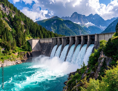 A powerful hydroelectric dam releases water amid mountains and lush greenery, creating a scenic landscape.