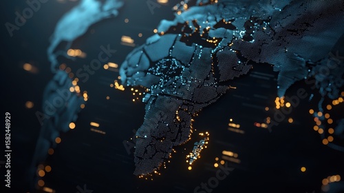 Digital representation of the African continent illuminated with glowing dots on a dark background