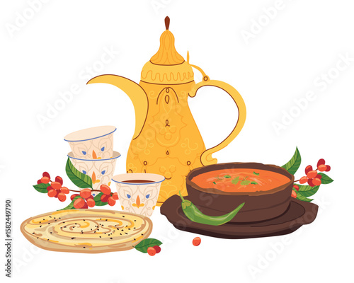 Arabic coffee pot Dallah, coffee branch and cups with ornament. Saltah in stone pot harada, Khubz mulawah flatbread. Traditional Yemeni lunch, symbol of Middle Eastern hospitality. Vector flat style