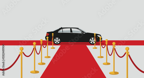 A black limousine is parked on a red carpet with golden stanchions and ropes, suggesting a vip event or premiere