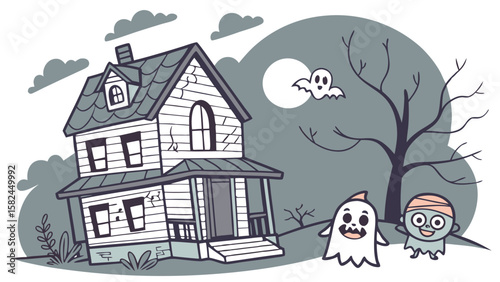 Cartoon haunted house with ghosts and a mummy under a full moon in a spooky halloween night scene illustration