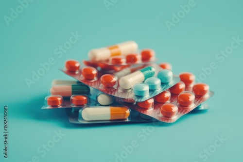 Stack of pills with different colors and shapes. Pile of colorful medicine pills and capsules in blister packs isolated on blue background.