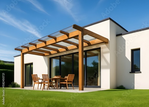 Modern white house with wooden pergola and glass roof over outdoor dining area