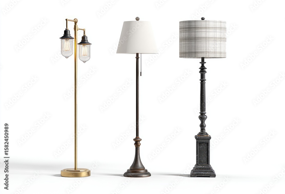 Obraz premium Three stylish floor lamps with varying designs; one features a double-bulb caged head, another a simple off-white shade, and the third a patterned cylindrical shade atop an ornate base