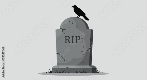A crow sits atop a weathered gravestone with rip inscribed, evoking a somber and gothic atmosphere