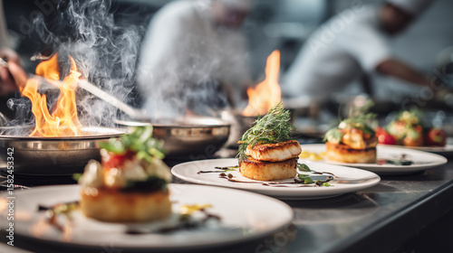 Fototapeta Naklejka Na Ścianę i Meble -  Gourmet Dish Being Prepared in Professional Restaurant Kitchen with Open Flame