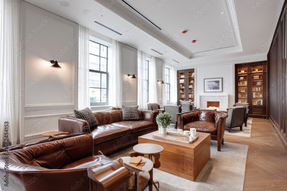 Stylish lounge area with leather furniture, clean lines, and neutral tones for a relaxed setting. Stylish lounge area with leather furniture, clean lines, and neutral tones for a relaxed setting.