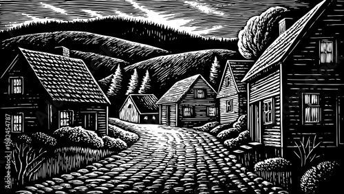rural village at night with traditional houses, glowing windows, cobblestone paths and distant hills, shown in atmospheric black and white line art illustration