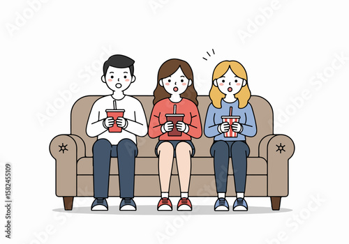 Friends watching a movie or TV show at home, looking surprised on a couch with drinks.