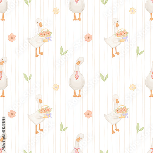 Seamless watercolor pattern with cute goose on white striped background, baby animal and flowers, hand drawn repeating backdrop for kids
