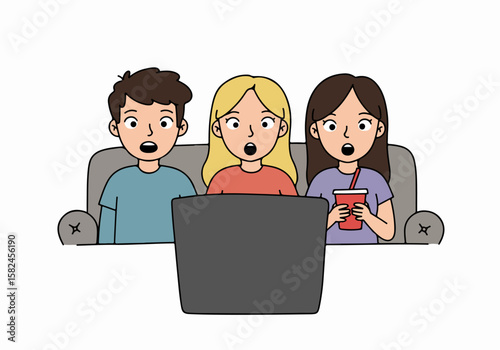 Surprised Friends Watching Content on Laptop