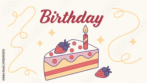 A whimsical birthday cake illustration featuring strawberries and a single candle, perfect for celebrating special moments.
