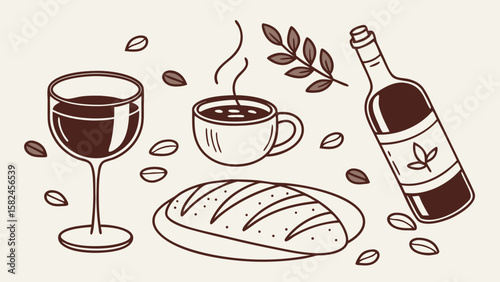 A cozy still life featuring a glass of red wine, steaming coffee, fresh bread, and a bottle of aromatic herbs.