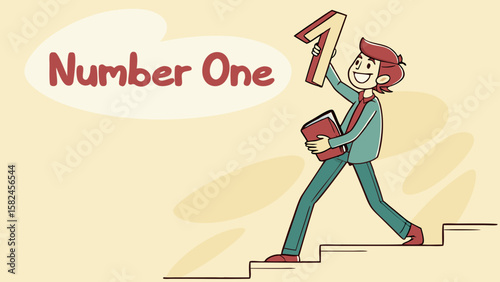 A cheerful young man with red hair in a suit triumphantly holds up a number one while climbing steps.
