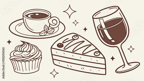 A delightful illustration featuring a cup of coffee, chocolate cake, cupcake, and a glass of wine, creating a cozy atmosphere.