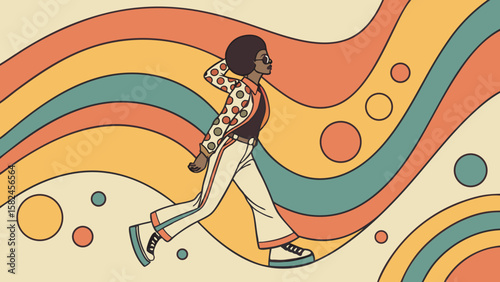A stylish Black woman confidently walks in retro fashion against a vibrant abstract background.
