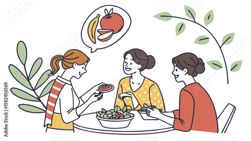 Three diverse women enjoying a healthy meal together, sharing smiles and ideas in a vibrant setting.