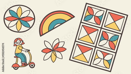 A cheerful illustration featuring a young girl with red hair riding a scooter amidst colorful geometric patterns.