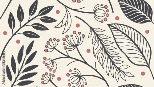 Stylish floral pattern featuring dark leaves and delicate berries on a soft cream background.