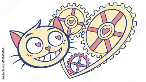 A playful cartoon cat with big eyes and a heart-shaped gear motif, radiating joy and creativity.