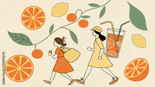 Two women walk happily, surrounded by oranges and lemons, enjoying a vibrant, sunny day with refreshing drinks in hand.