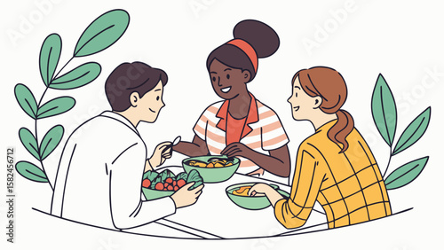 Three diverse friends enjoying a healthy meal together, featuring a mix of salads in a bright, cheerful setting.