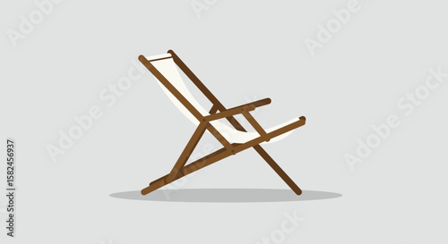 A wooden beach chair with a canvas seat is ready for relaxation and leisure on a sunny day