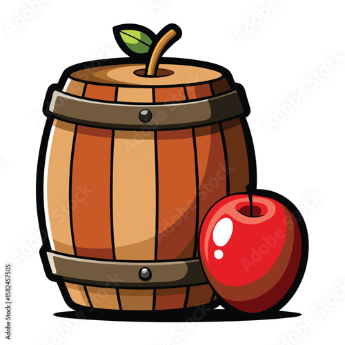 An old wooden barrel acting as a container for sometimes accompanied by an apple or grapes