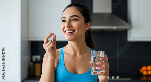 Woman taking pill with water in kitchen for health and wellness