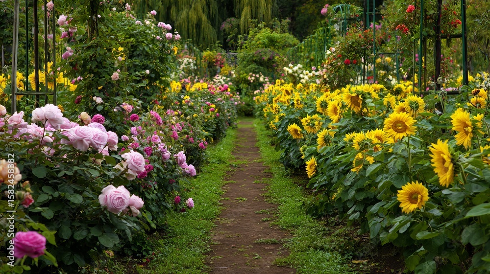 Fototapeta premium A vibrant garden path lined with blooming pink roses and cheerful sunflowers, creating a serene and colorful outdoor escape.