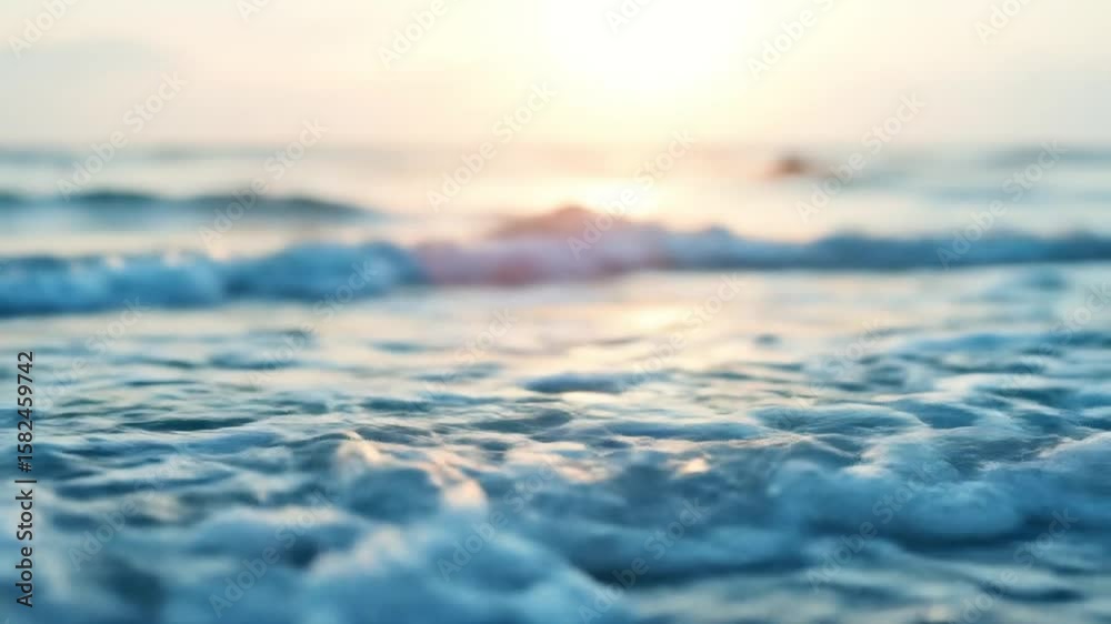 Soft Focus Ocean Waves with Breaking Foam at Golden Hour, Serene Coastal Seascape