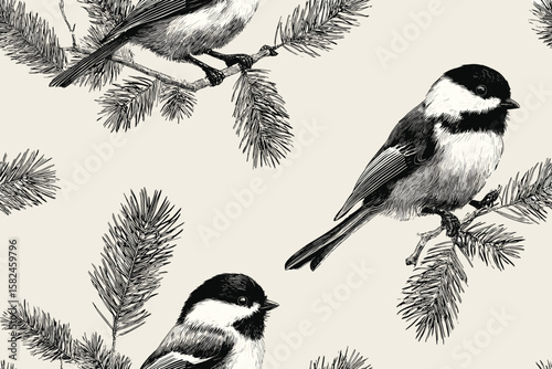 Seamless pattern, vintage hand-drawn autumn leaves, seeds, and delicate birds, elegant black ink outlines, refined botanical etching style, crisp clean vector, balanced composition, pu ( (3)