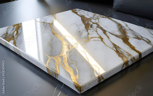 Elegant marble slab with striking gold veining on dark surface 
