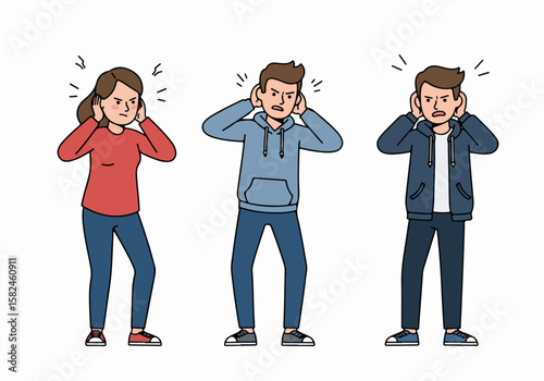Group of annoyed people covering their ears, bothered by loud noise or sound pollution.