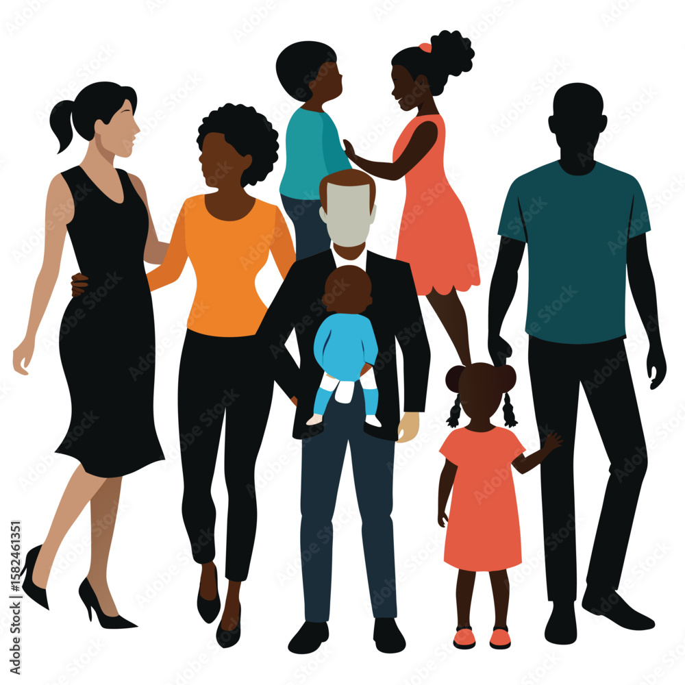 Obraz premium A collection of diverse silhouette groups: men, women, children, and business teams walking and standing
